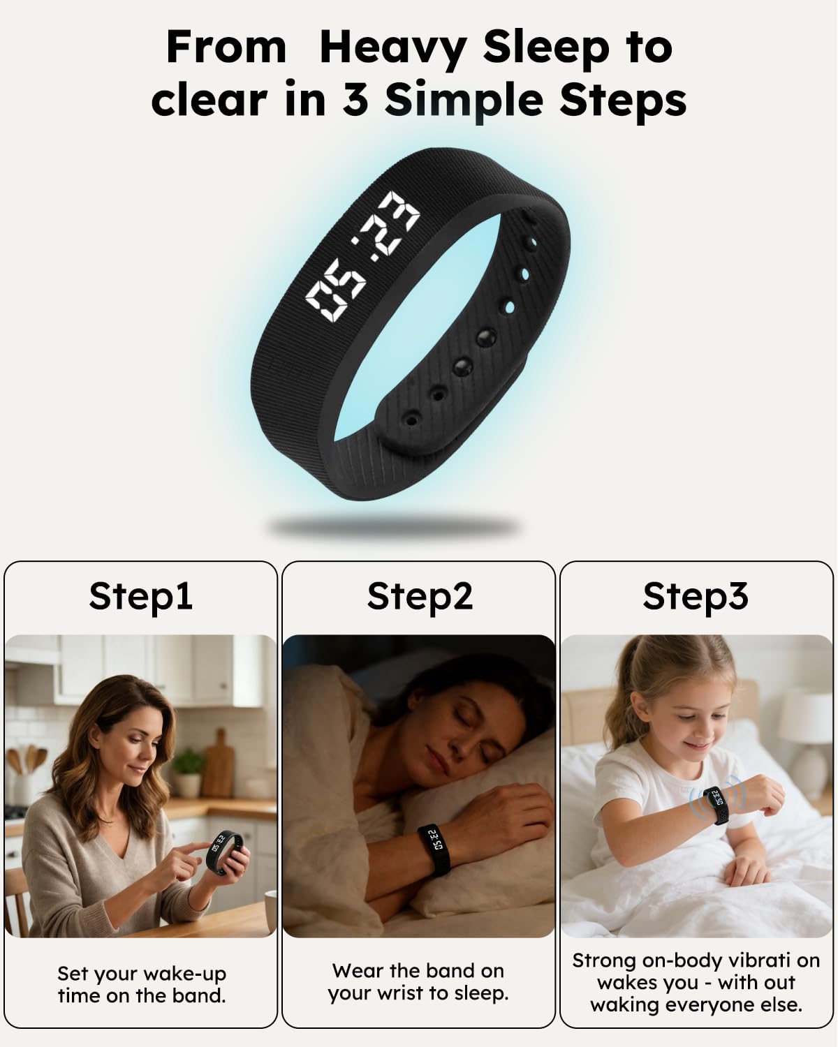 Fitsleeps Vibrationswecker Uhr für schwere Schläfer, lautloses Aufwacharmband & Smart-Armband, Handgelenkalarm