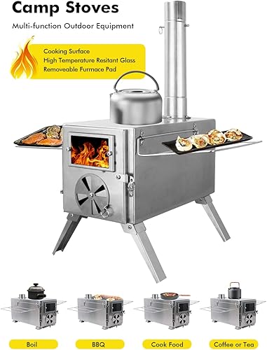 Miniatura 4 de Estufa de camping para tiendas calientes, LAMA Estufa de leña de acero inoxidable 304 con tubos de chimenea de pared de acero inoxidable para