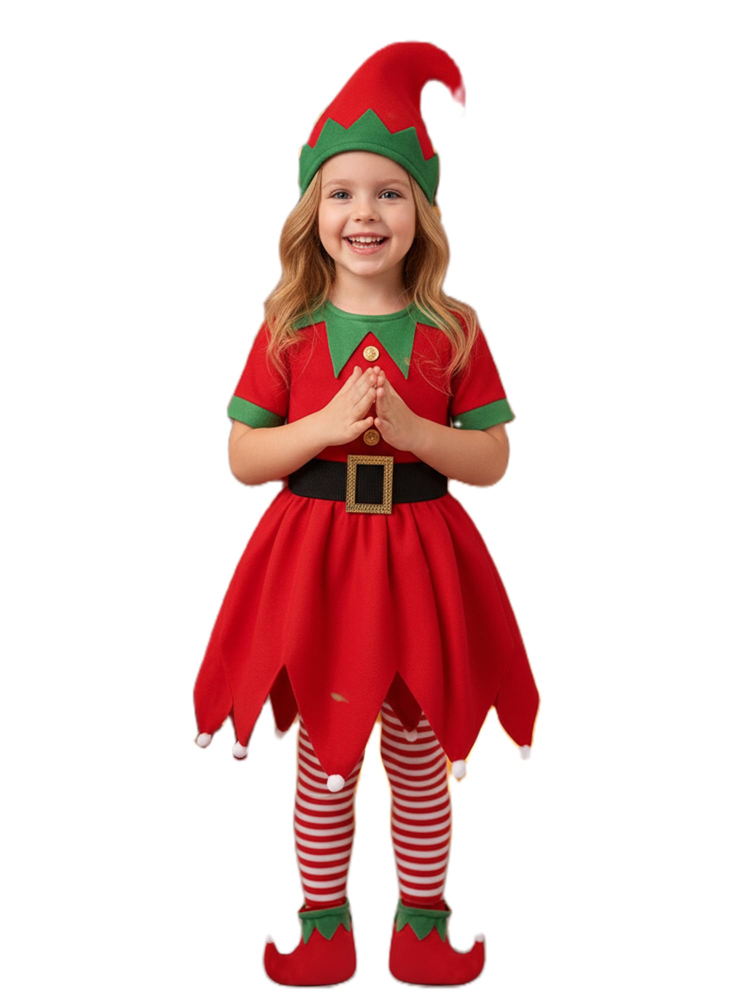 Acrawnni Girls Christmas Elf Costume Xmas Santa Helper Suit Cosplay Outfit for Kids Elf Velvet Costume Dress with Hat Socks Shoes (C-Red, 7T)