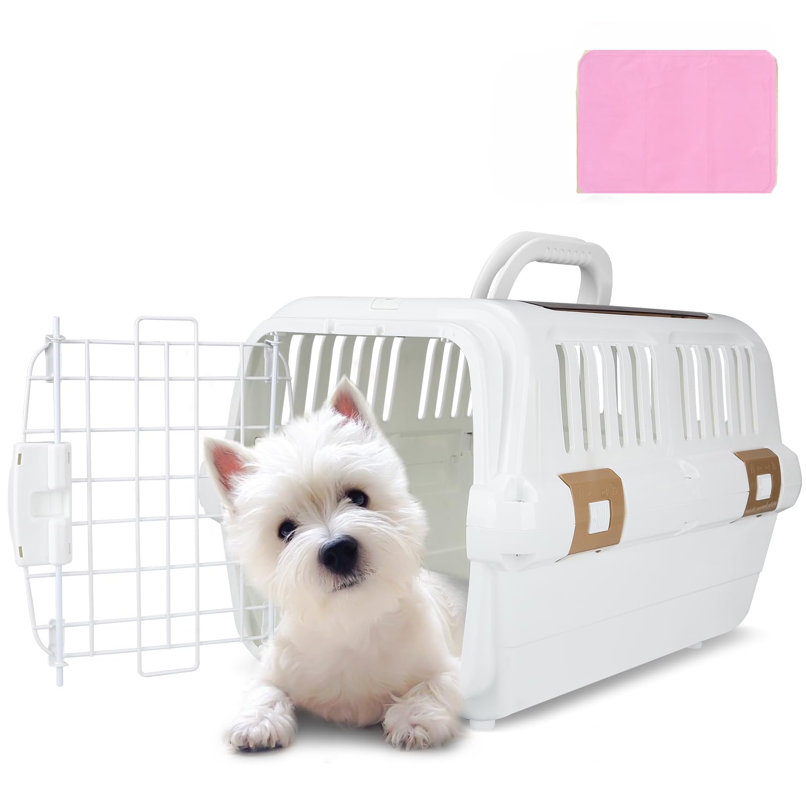 hard-sided plastic dog and cat kennel,two-door pet carrier, plastic wire door, top or front loading,pets up to 22lbs,fully breathable, perfect for traveling/hiking/camping/veterinary visits