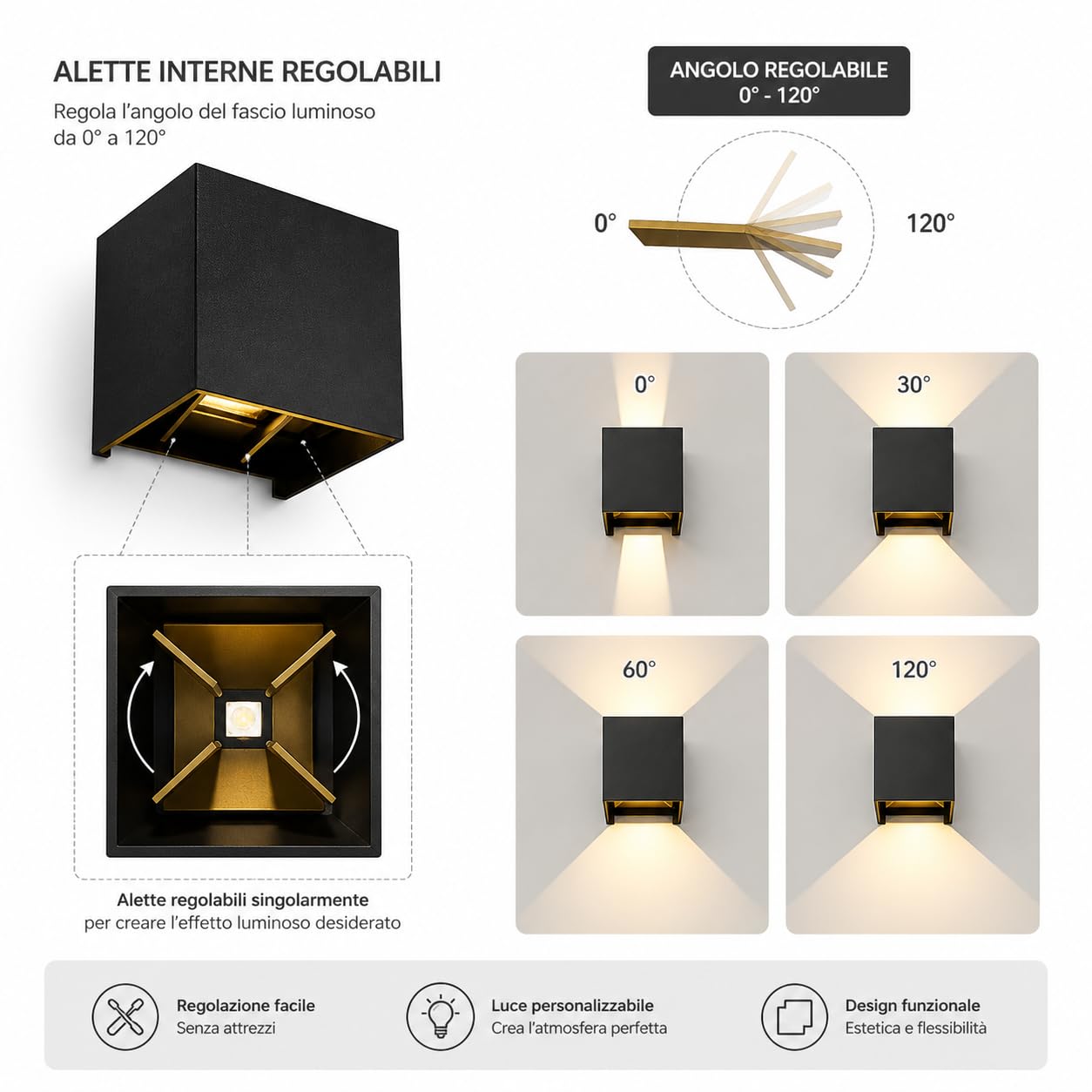 Set 4 Pezzi Applique da Parete Esterno e Interno 12W LED, Lampada da Parete Moderna IP65 Impermeabile, Angolo del Fascio Regolabile Su e Giù, Luce 3000K Bianco Caldo, Applique per Giardino Corridoio