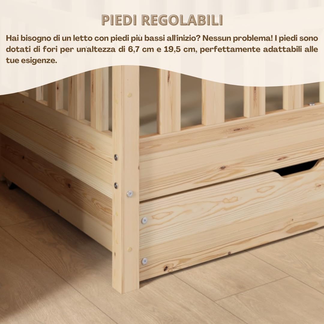 Letto Montessori a Pavimento 200x120 cm Legno Naturale con Cassetti