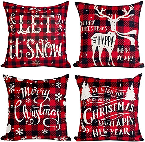 QIFU Fundas de almohada de Navidad rojo y negro