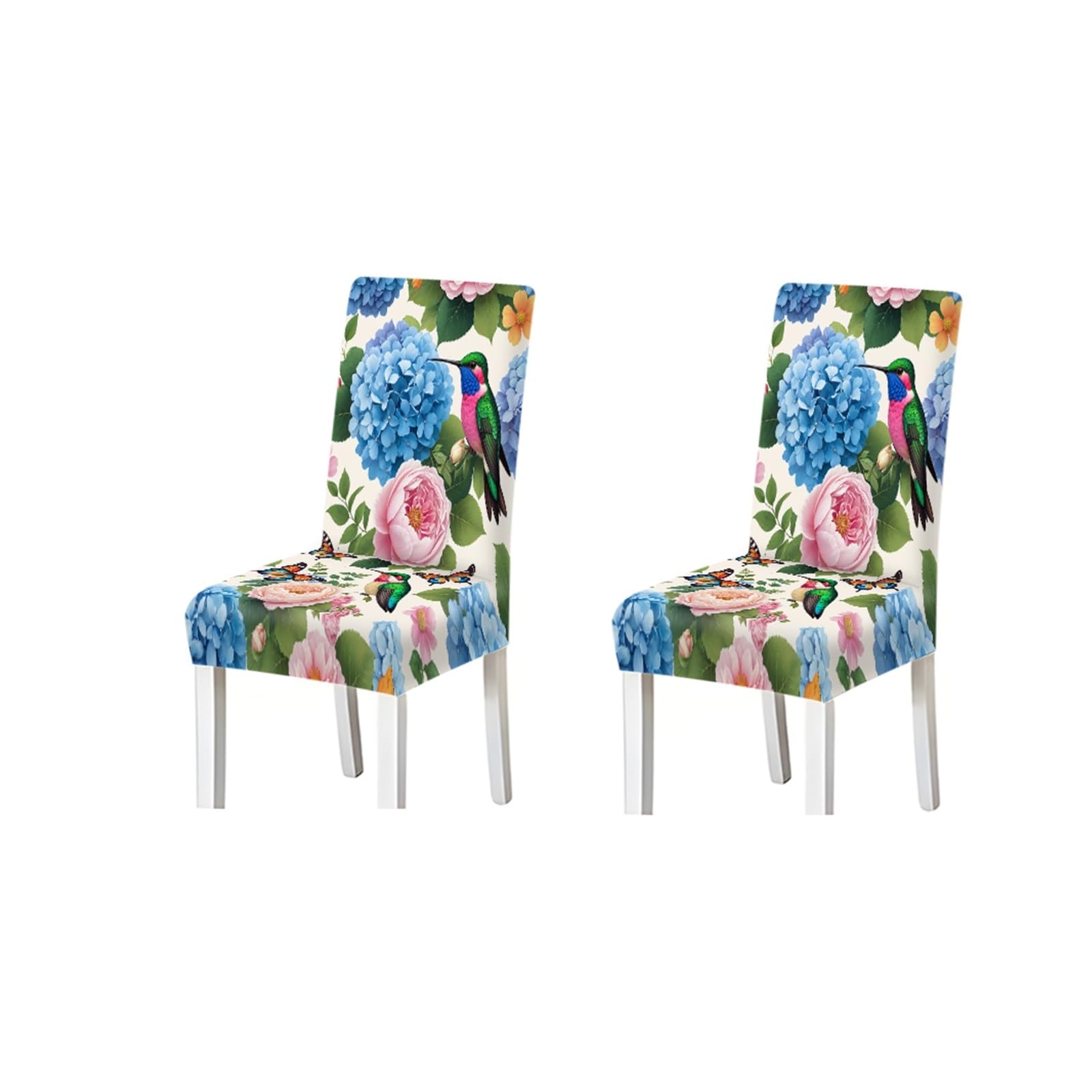 FZJKGH Blue Hydrangea Hummingbird Floral Pattern Print Dining Chair Covers Set Of 2/4/6, Stretch Slipcovers For Kitchen Dining Room Removable Stretch Slipcovers for Dining Chairs(2PCS Chair cover)