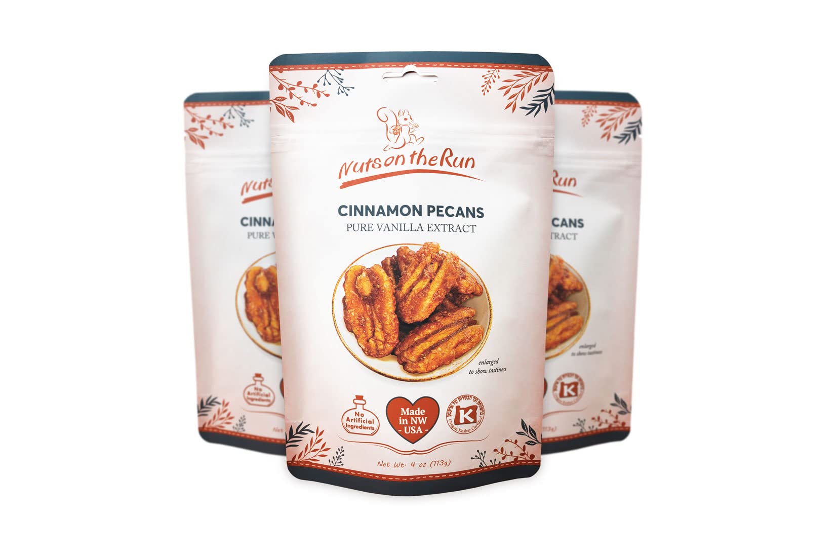 Nuts on the Run Cinnamon Pecans - 4oz (PACK OF 3 BAGS), Roasted Cinnamon Pecan Pralines, Satisfaction Guarantee