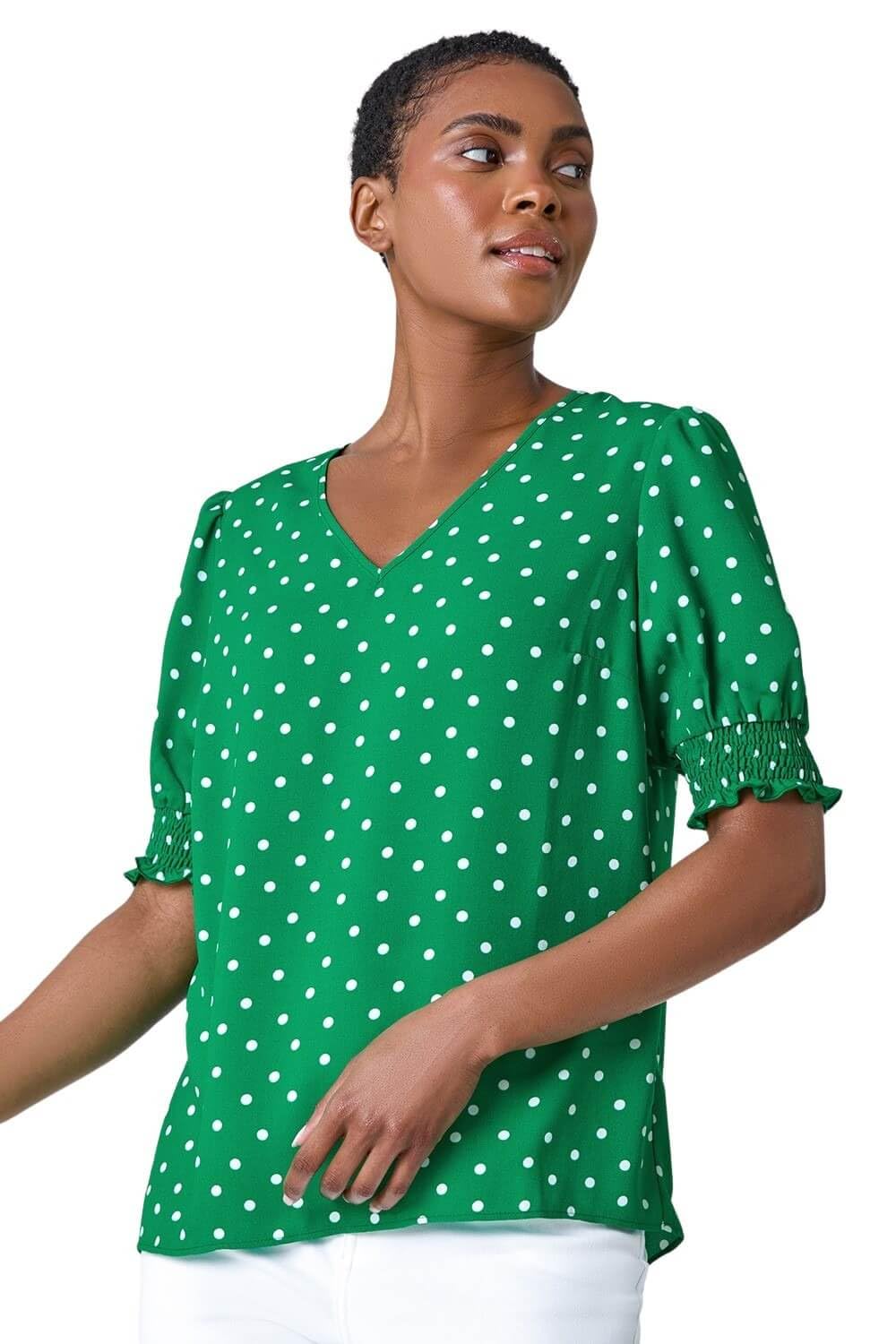 Roman Originals Women's Green Polka Dot Shirred Top For Uk - Everyday Holiday Spring Summer V-Neckline Comfy Soft Evening Vacation Work Party - Size 10