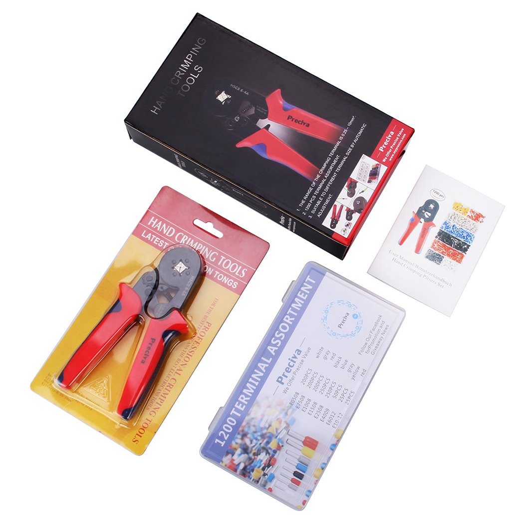 Preciva 0.25-10mm² Pince à Sertir avec 1200 Cosses Electriques, Cosses Electriques a Sertir avec Sac de Rangement, Cliquet Auto-ajustable Outillage Electricien Sertisseuse Electrique