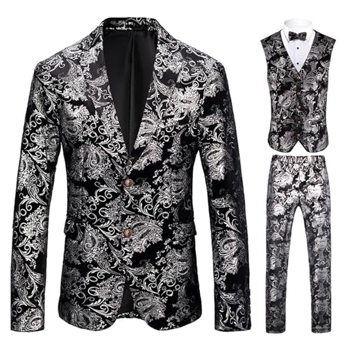 Ensemble 3 pièces homme smoking blazer floral avec gilet et pantalon droit