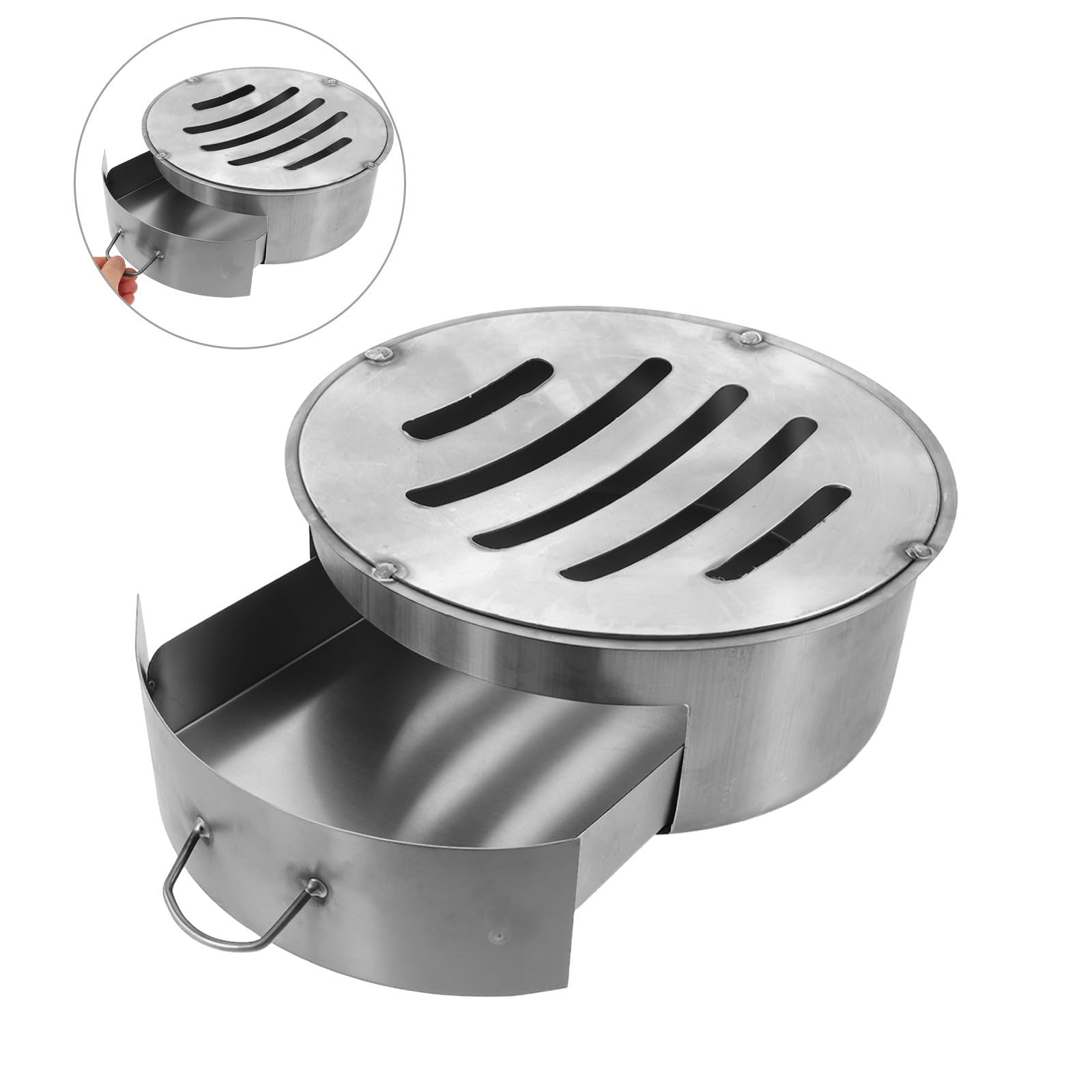 Lurrose Runder Effizienter mit Zuverlässigem Design und Ascheaufnahme Aschebehälter aus Eisen in Silber für Holzofen Ofen für Heiz und Außenbereich