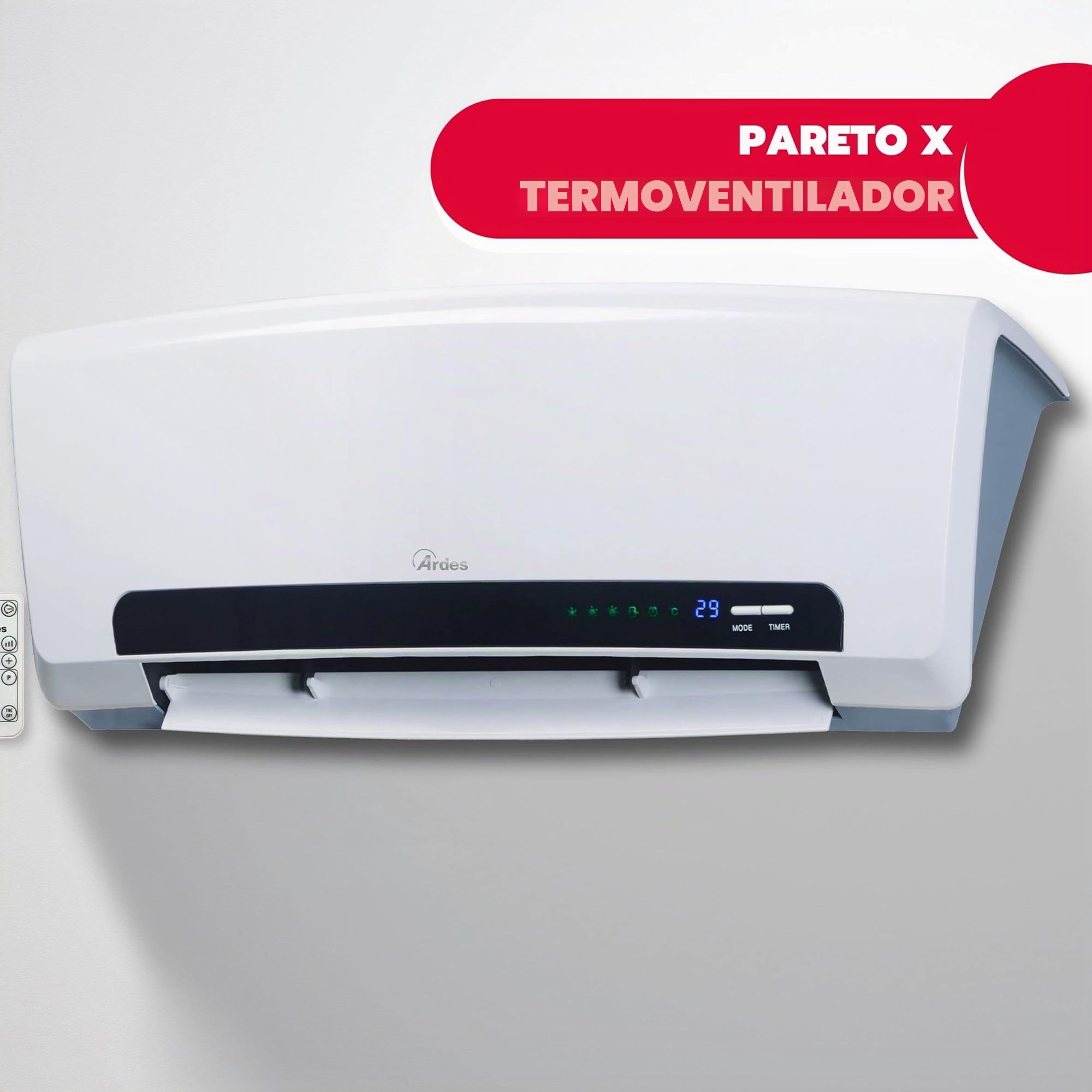 ARDES AR4W08P PARETO X Termoventilador Cerámico de Pared 2000W Resistente al Agua, Termoventilador de Baño Programable Temporizador 12h, Panel Cerámica Silver Silk Smart + Magic Display Digital LED