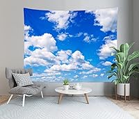Vista 4 de BELECO Tapiz de cielo azul para colgar en la pared, decoración artística de nubes blancas para dormitorio y sala de estar
