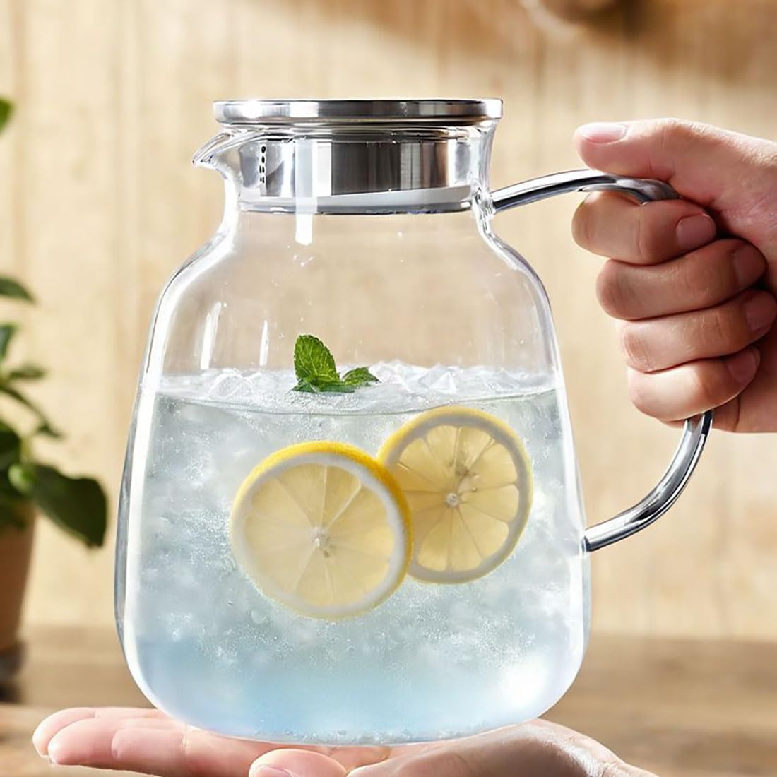 Szklany dzbanek na wodę o dużej pojemności 1850 ml z pokrywką ze stali nierdzewnej, odporny na wysokie temperatury dzbanek ze szkła borokrzemowego do gorącej / zimnej wody, mrożonej herbaty i