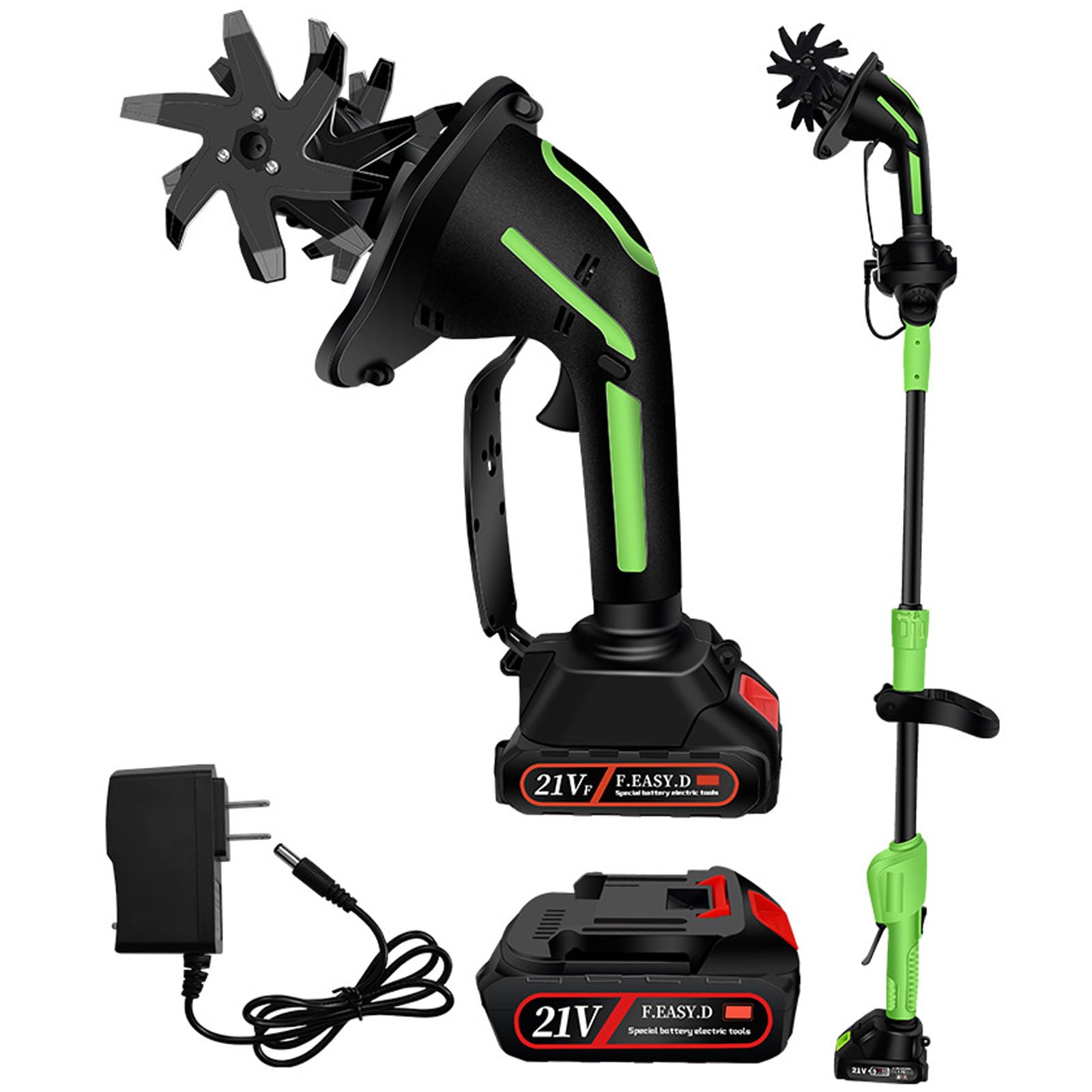 GSHSHOU 2 in 1 Cordless Tiller & Cultivator Electric Battery Powered Garden Soil Handheld Mini Rototiller Rechargeable Portable Tiller for Flower Beds Lawn Tool Batteryx1-Pole
