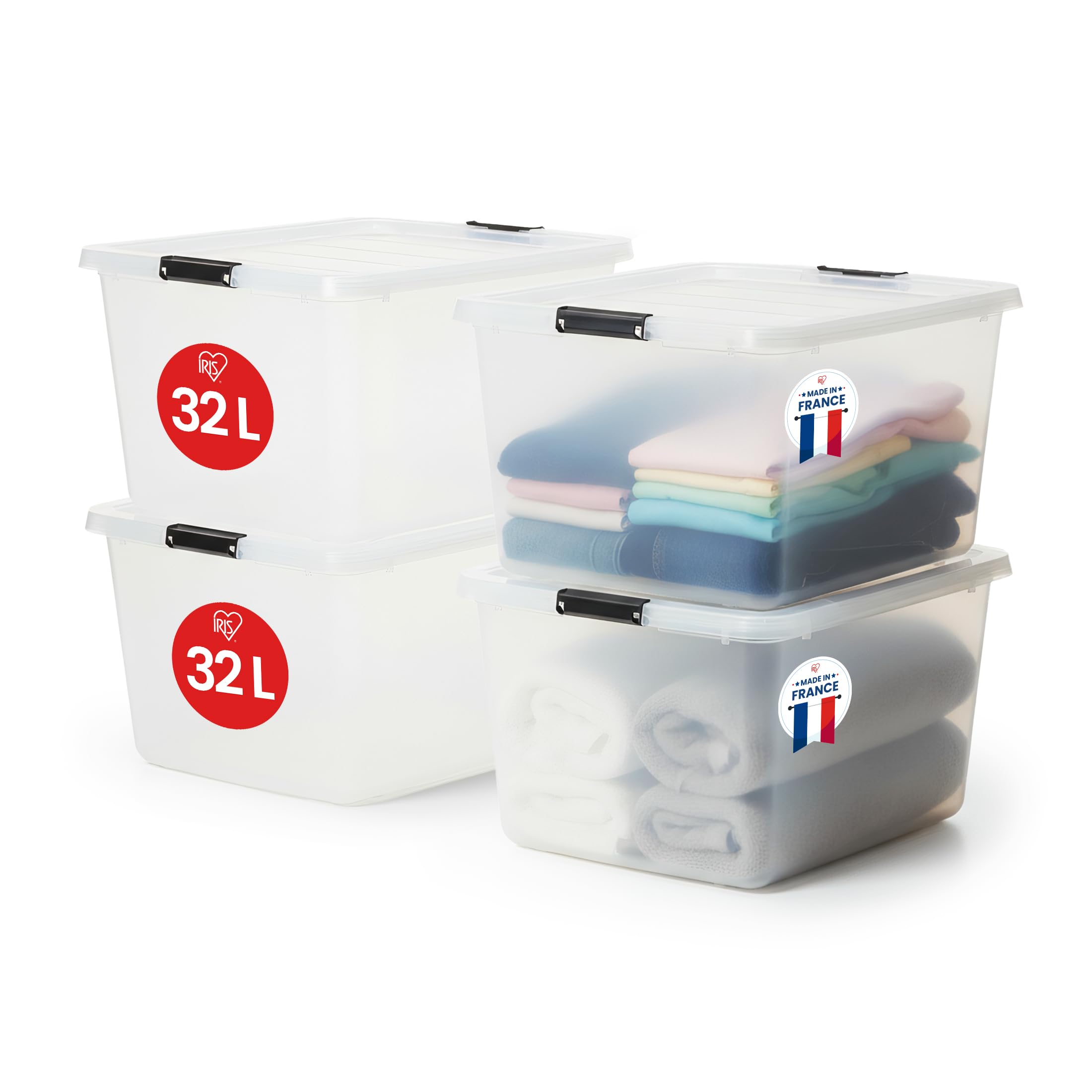 Iris Ohyama Aufbewahrungsboxen mit Deckel, 32L, 4er-Set, Transparent, Sicherer Verschluss, Stapelbar, Griffe, Schlafzimmer, Schrank, Büro, Organisation, BPA-freies Plastik, Ordnungsboxen, FTB-32
