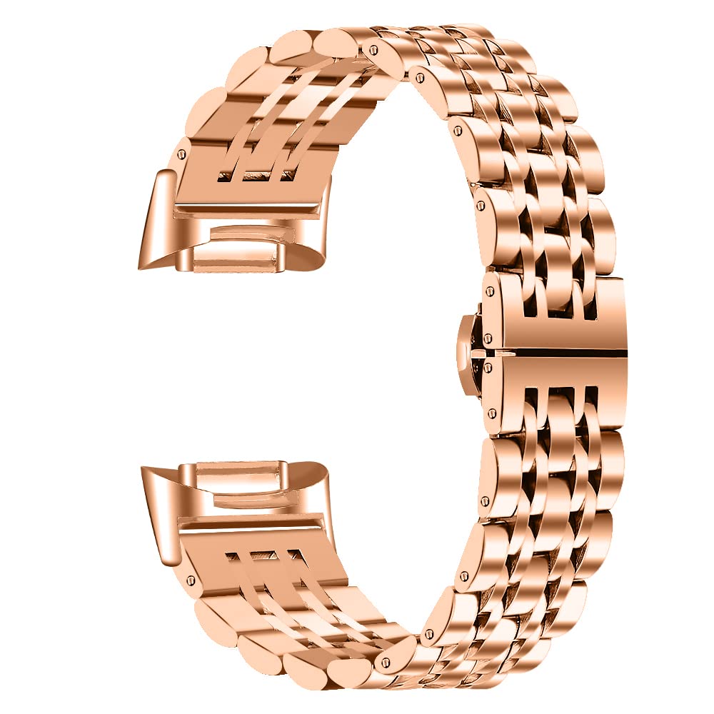 Gimuk Straps Compatible with Fitbit Charge 6/5 Strap - Metal Stainless Steel Replacement Watch Band Strap Business Wristband Bracelet for Women & Men (Rose Gold)