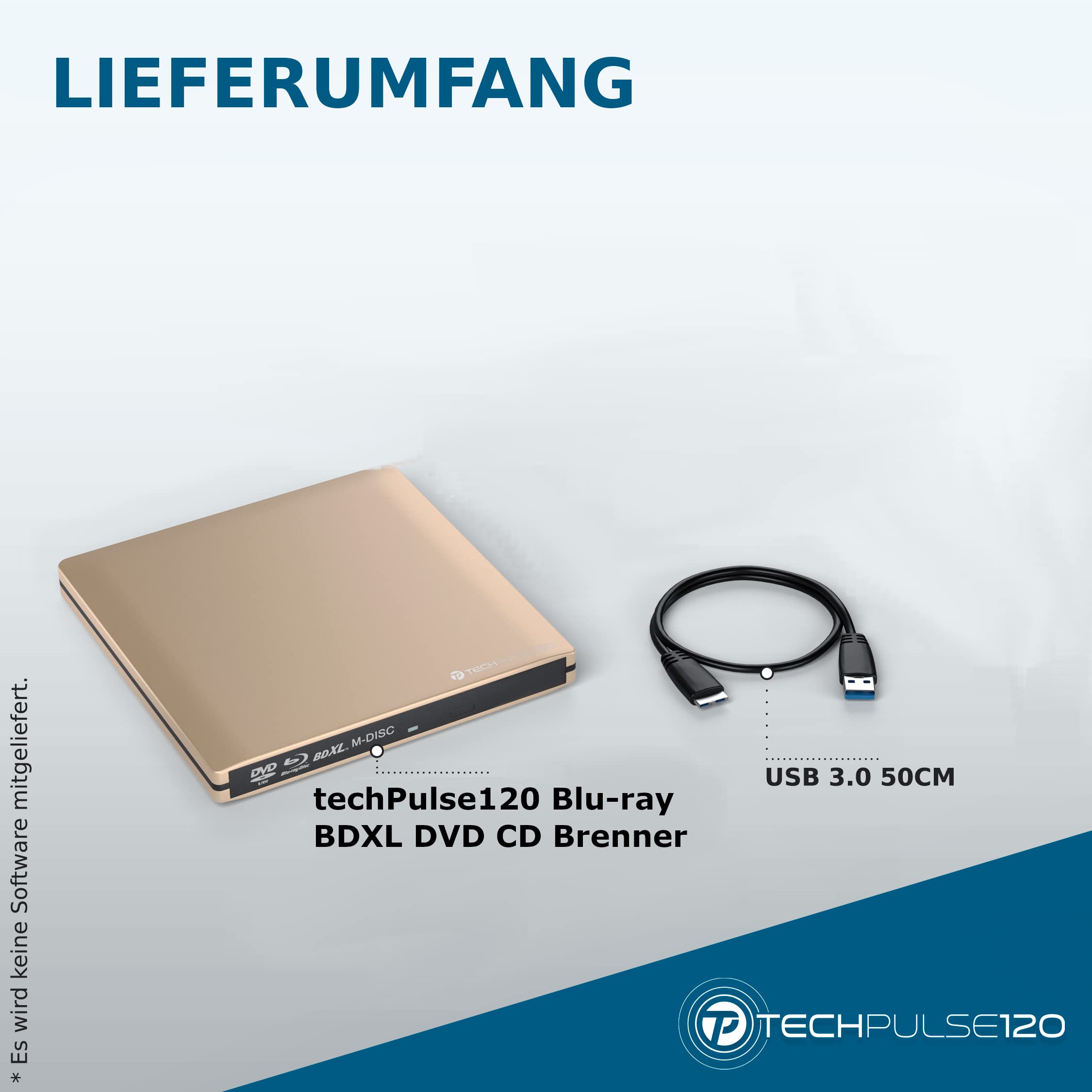 techPulse120 USB 3.0 3D Externer Blu-Ray Brenner Burner M-Disc BDXL Superdrive Blueray Rom Laufwerk BD DVD CD Slim für Computer PC Notebook Ultrabook Windows MacOS Apple iMac MacBook Pro Air Alu Gold