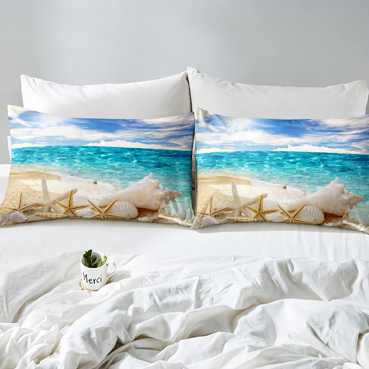 Funda de edredón con diseño de estrella de mar, juego de ropa de cama de verano para niños y adultos, ropa de cama hawaiana de vacaciones y lino, ultra suave, tropical, naturaleza, mar, tamaño king