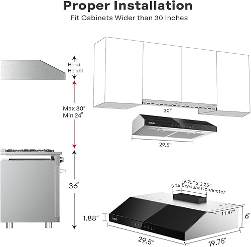 Miniatura 8 de Campana extractora para debajo del gabinete de 30 pulgadas, motor centrífugo dual de 900 CFM, ventilación de cocina con conductos de 3 velocidades,