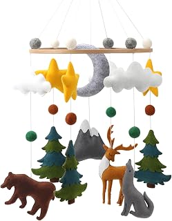 FloraIvy Handmade Woodland Crib Mobile - Forest Animals Bear Stag Wolf Stars Trees for Gender Neutral Nursery