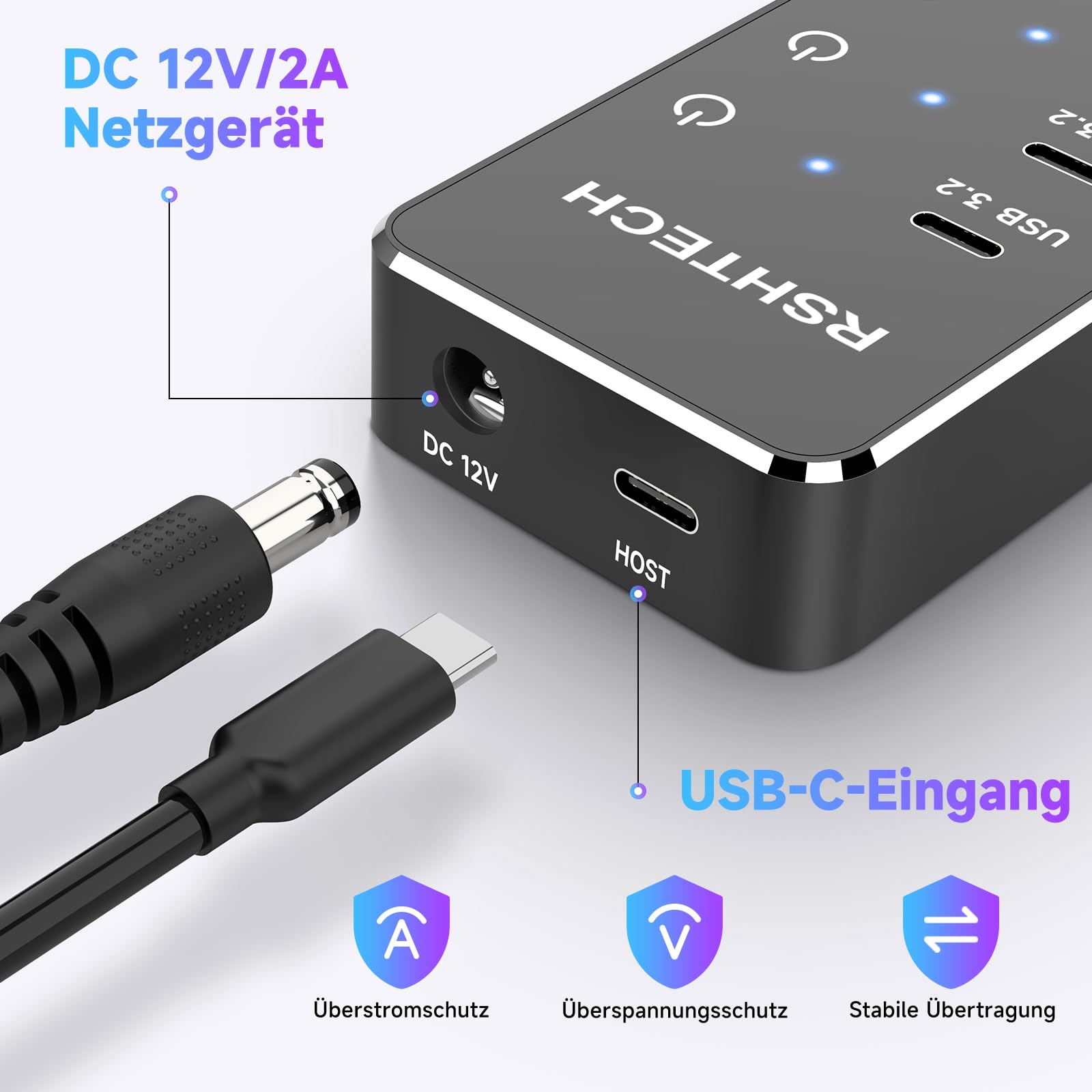 RSHTECH 10-portowy hub USB C z 3 portami USB 3.2 10 Gb/s i 7 portami danych USB 3.0 – zasilacz 12 V/5 A 60 W
