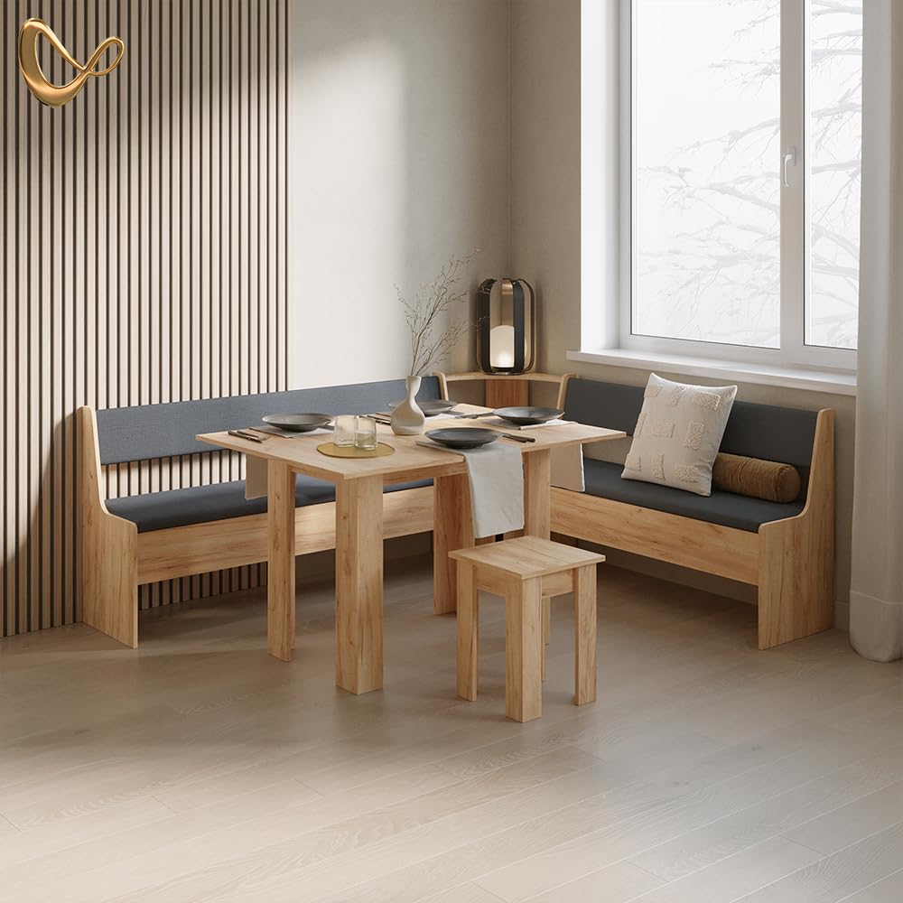Livinity Conjunto con Banco esquinero Tiberio, Roble Dorado, 210 x 180 cm | con mesa