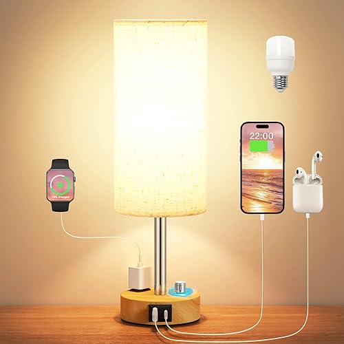 Bedside Lamp with USB Port Outlet - Wooden Dimmable Table Lamp for Bedroom Nightstand, Small Bed Side Night Stand Lamps with USB-C Charging Ports for Living Room, Kids/Guest/Dorm Light (Bulb Included)
