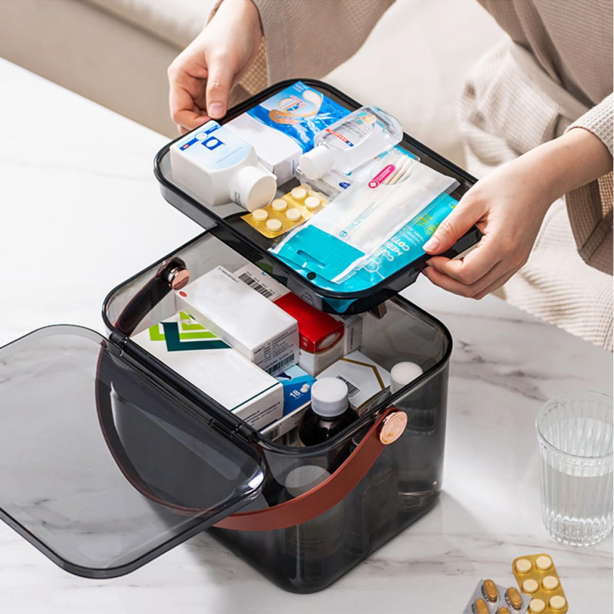 GALPADA Caja Organizadora de Medicamentos Hogar Gran Capacidad y Diseño de Doble Capa, Contenedor Práctico para Almacenar Medicinas y Mantener el Orden Escritorio