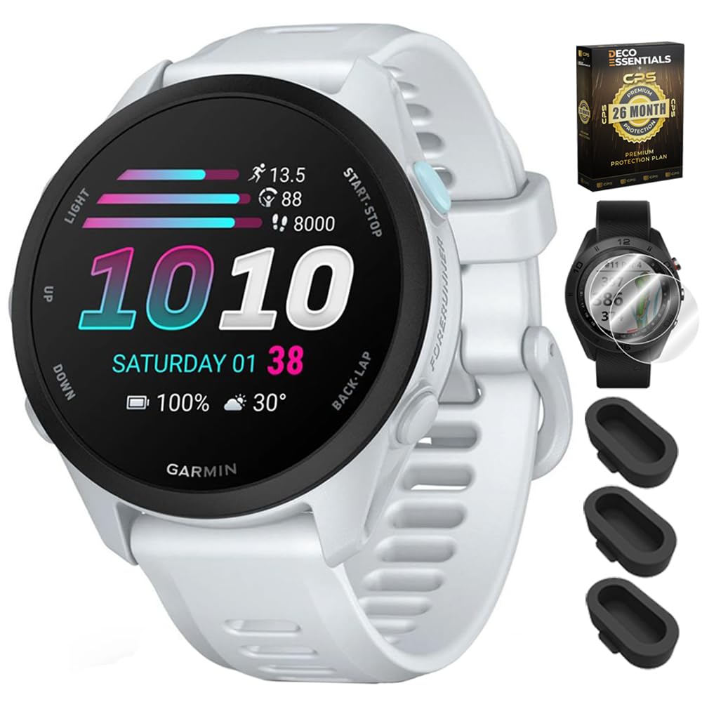 Garmin Forerunner 70, 3 cm AMOLED GPS-Laufuhr, Trainingsbereitschaft, 13-Tage-Akku, Whitestone, 010-04307-01 w/Deco Essentials 26-Monats-CPS, Displayschutzfolie und 3er-Pack Staubschutz