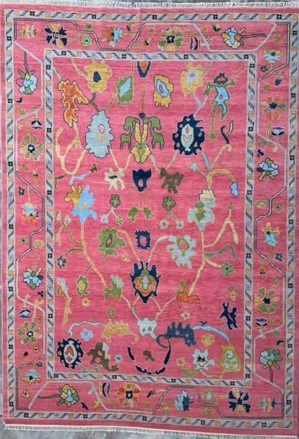 Vintage Oushak Area Rug Hand-Knotted,100% New Zealand Wool Pink Floral Turkish Carpet with Cotton Backing for Living Room & Bedroom -10x14 FT(Rectangular)