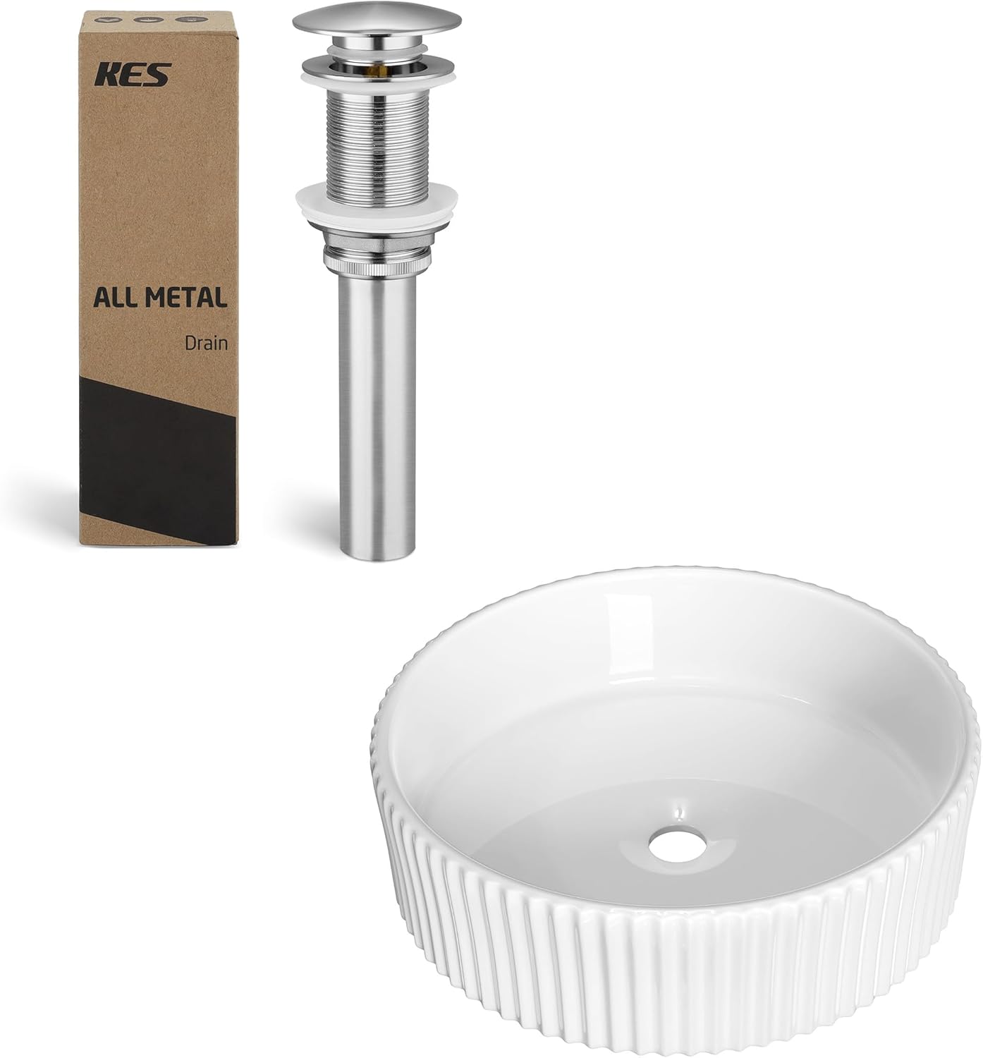 KES Bathroom Sink Drain Without Overflow Brushed Nickel Finish Round Ceramic Countertop Modern Sink, S2008D-BN-TEM+BVSC129