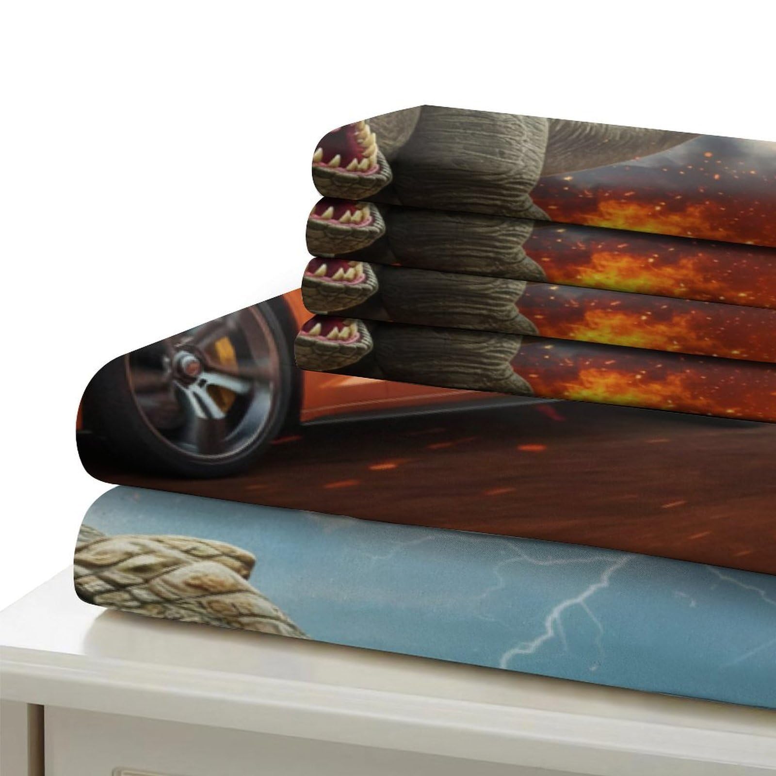 Inseguimento dei dinosauri 3D Stampa Coperteletto 3pz Microfibra Ipollergenica Film d'azione Coperta Letto 2 federe Antimacchia Ragazze Bambini Super king（260x220cm）