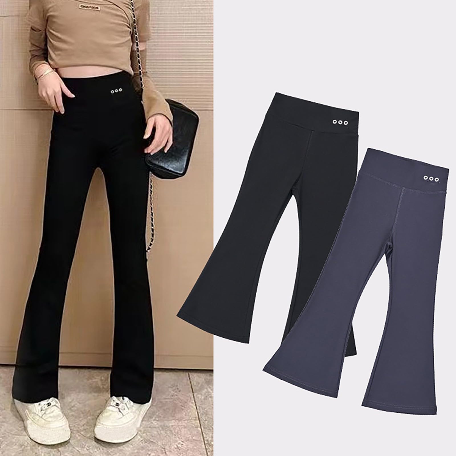 Girl's Flared Pants High Waisted Yoga Leggings Stretchy Bell Bottoms Wide Leg Pant Bootcut Fashion (Black, 6-7 Years)