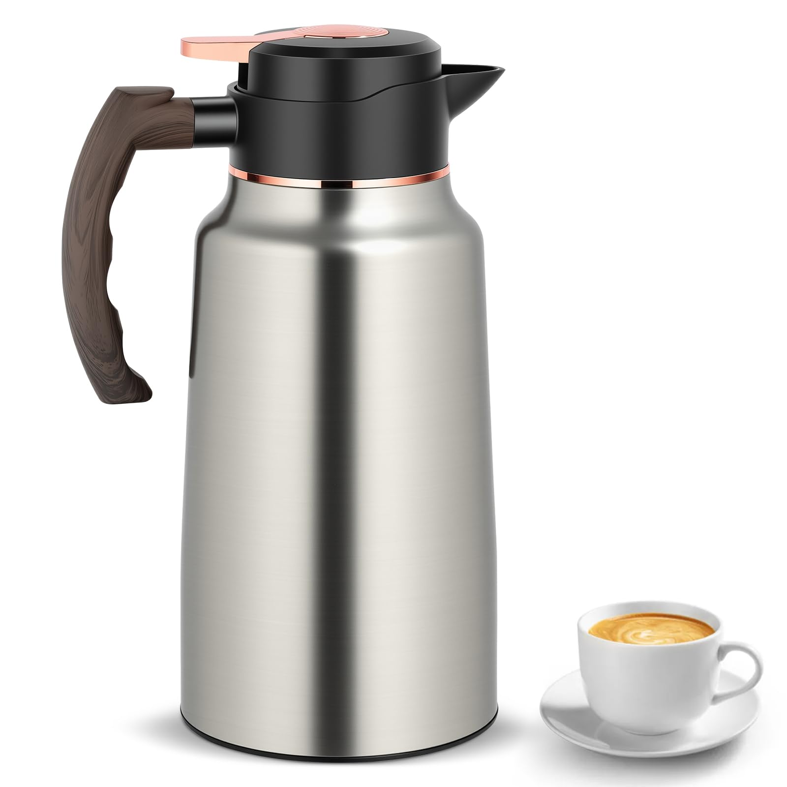 2-Liter-Isolierkanne aus Edelstahl, Thermoskaraffe mit Ein-Knopf-Deckel für langanhaltende Wärme- und Kälteisolierung, ideal für Kaffee, Tee, Milch (Silber)