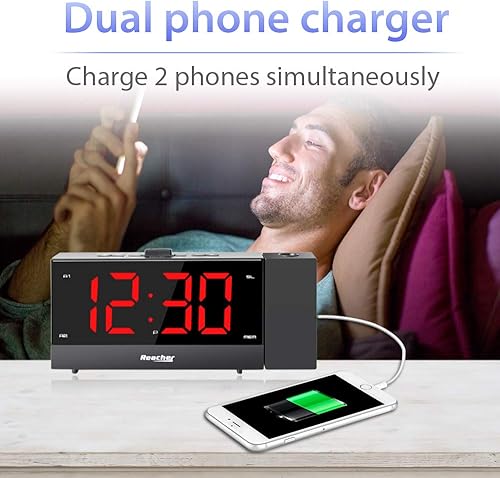 Miniatura 4 de REACHER Radio despertador de proyección con alarma dual temporizador de sueño USB 0-100 atenuador y opción de tiempo de repetición para dormitorio