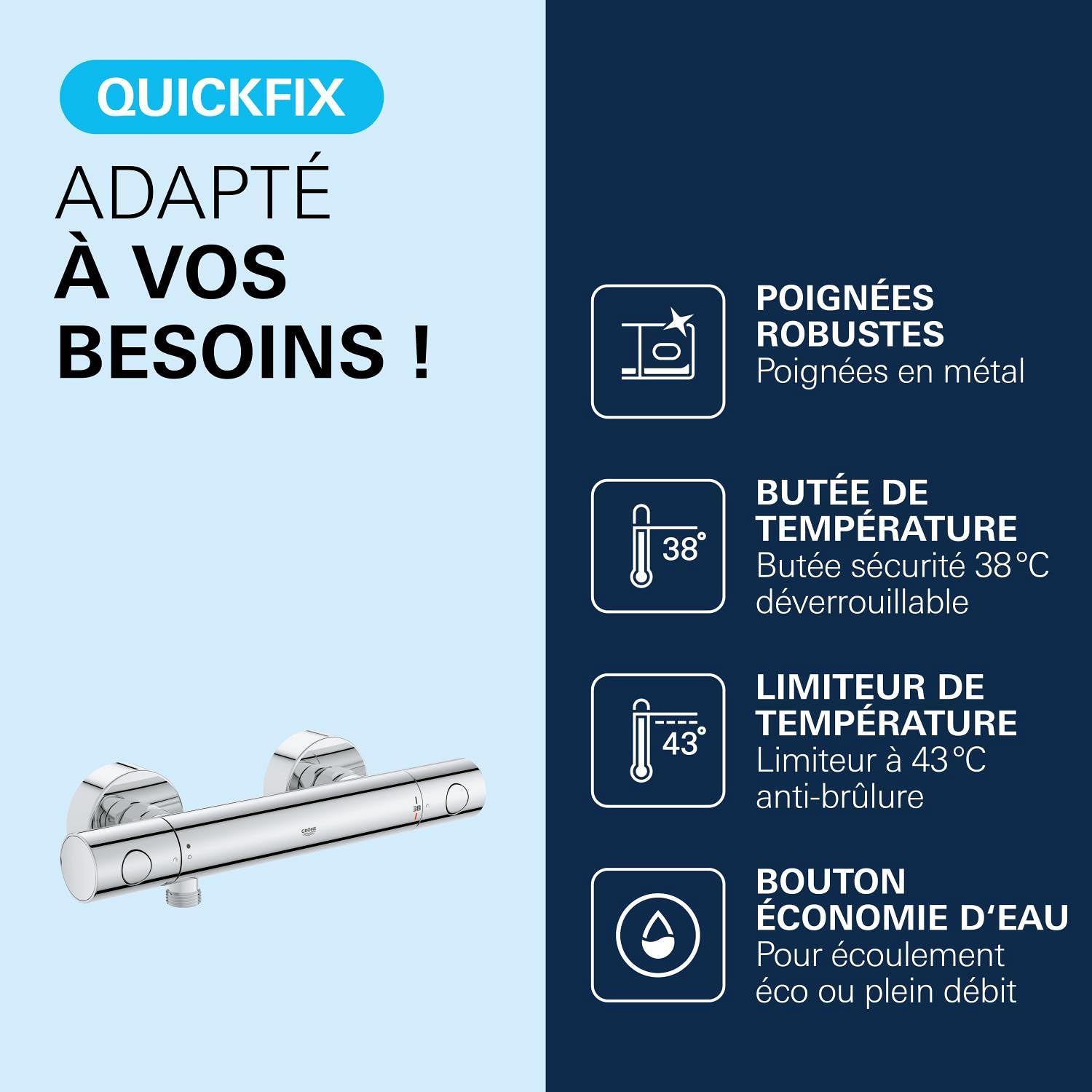 GROHE Mitigeur thermostatique douche Precision Get, montage mural, indicateur de température, filtres intégrés, poignées métalliques, rosaces incluses, chromé, 34773000 (Import Allemagne)