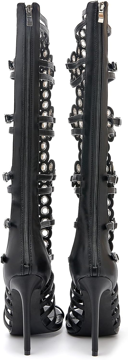 Women's 4.3IN Hollow Open Toe Knee High Boots Metal Buckle Stiletto Heels Nightclub Party Wedding Shoes - Image 6