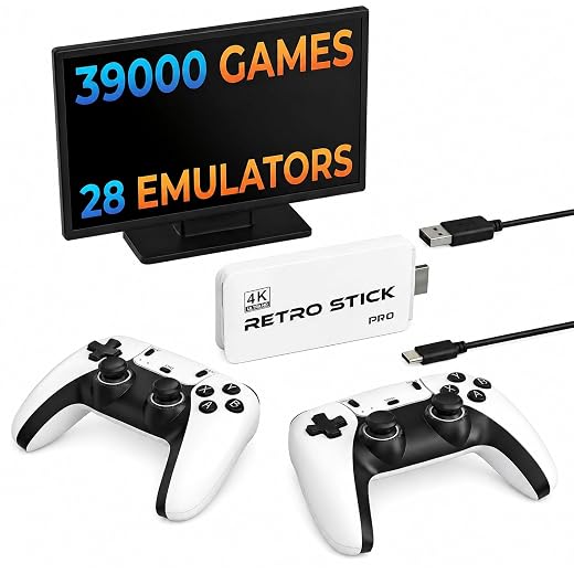 Retro Gaming Console Plug & Play Game Console for TV, 4K HD HDMI Video Console with Built-in 39,000 Classic Games, Dual 2.4G Wireless Controllers, Emulator Stick to Upgrade Nostalgia