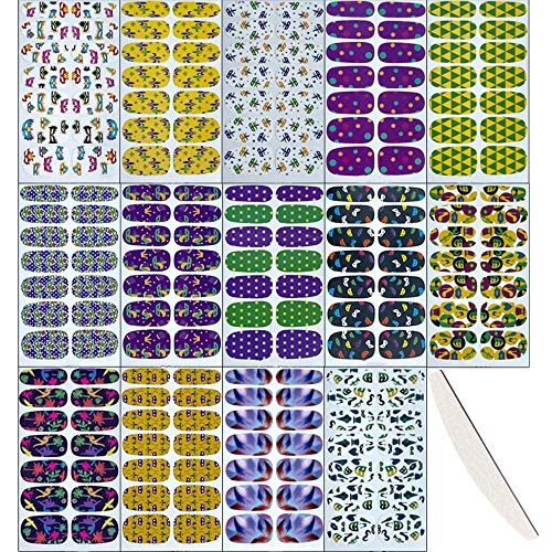 SeBeauty Mardi Gras Nail Art Polish Stickers Strips Carnival Full Nail Wrap Self Adhesive Nail Decals Carnival Nail Supplies with Nail Files for Women Girls Carnival Party Nail Decorations 14 Sheets