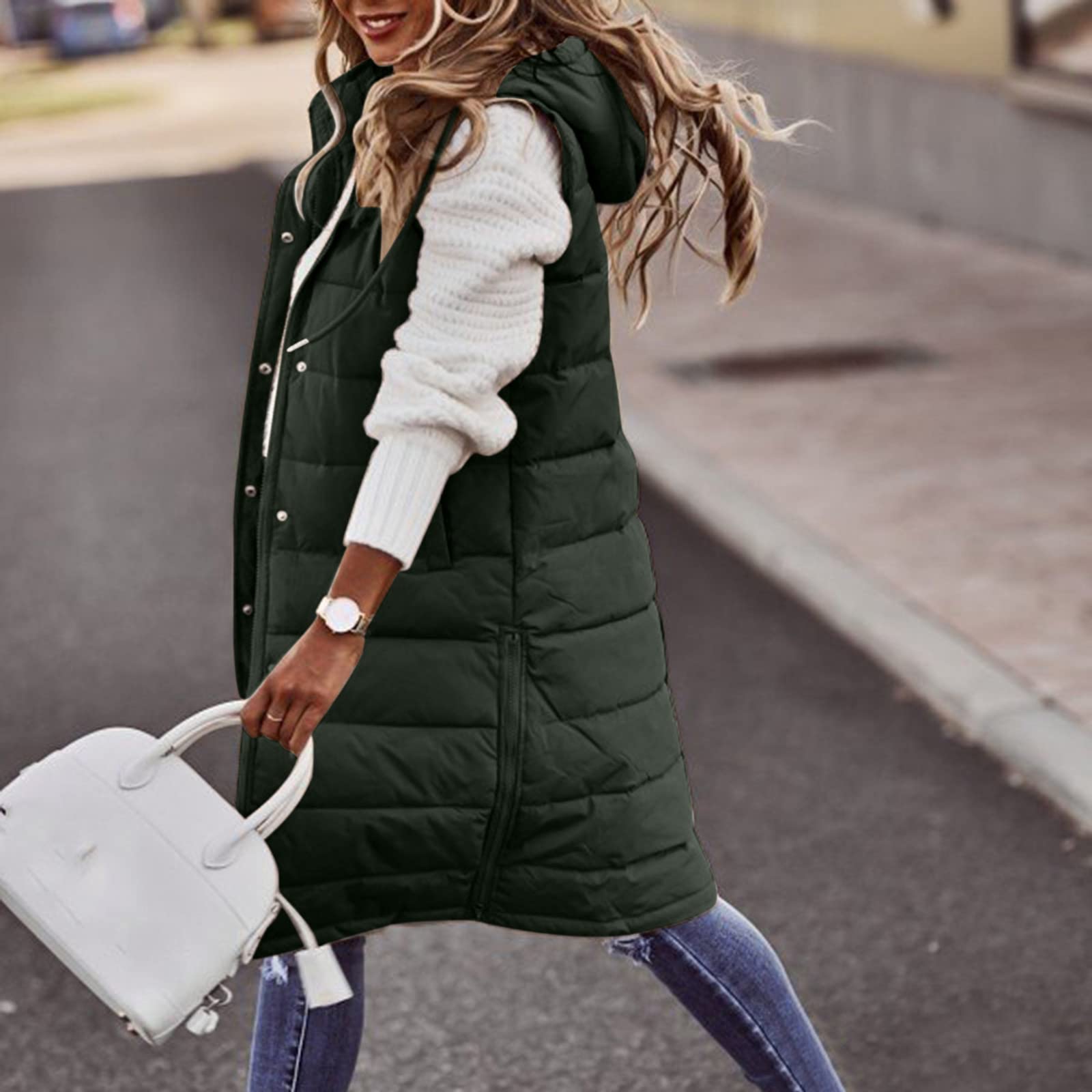 Chaleco largo para mujer con capucha – Abrigo largo de invierno cálido con capucha sin mangas chaleco acolchado para mujer ligero chaleco acolchado para exteriores con bolsillos chaleco