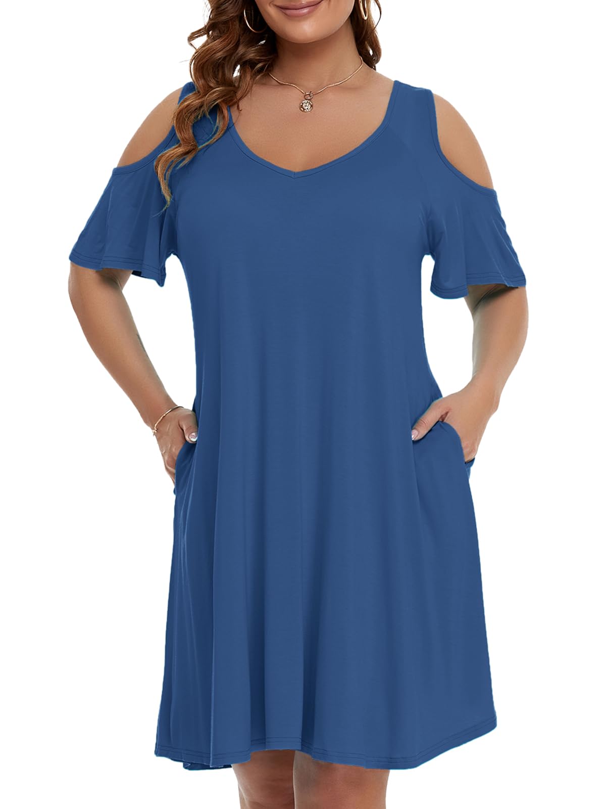 JollieLovin Womens Plus Size Short Sleeve Cold Shoulder V Neck T-Shirt Dress with Pockets