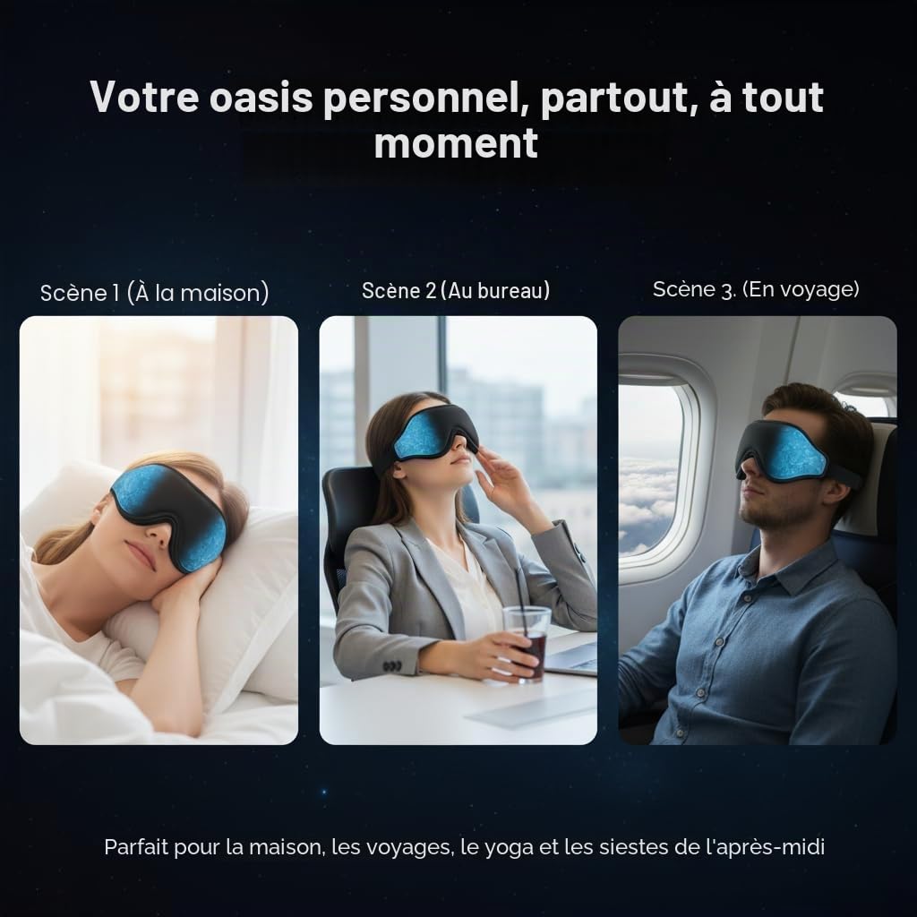 Masque de Sommeil 3D Zéro Pression avec Gel Rafraîchissant, Masque de Nuit Refroidissant, Noir et Bleu