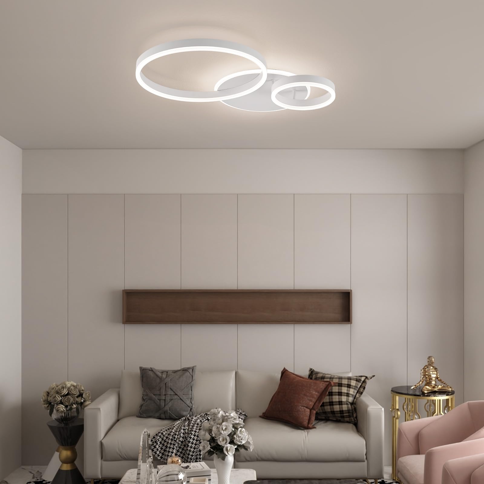 Qamra 64cm LED Deckenlampe,2 Ringe Design 60W,4000K Neutralweiß,Moderne Weiße Deckenleuchte aus Metall und Acryl für Wohnzimmer,Schlafzimmer,Esszimmer,Büro