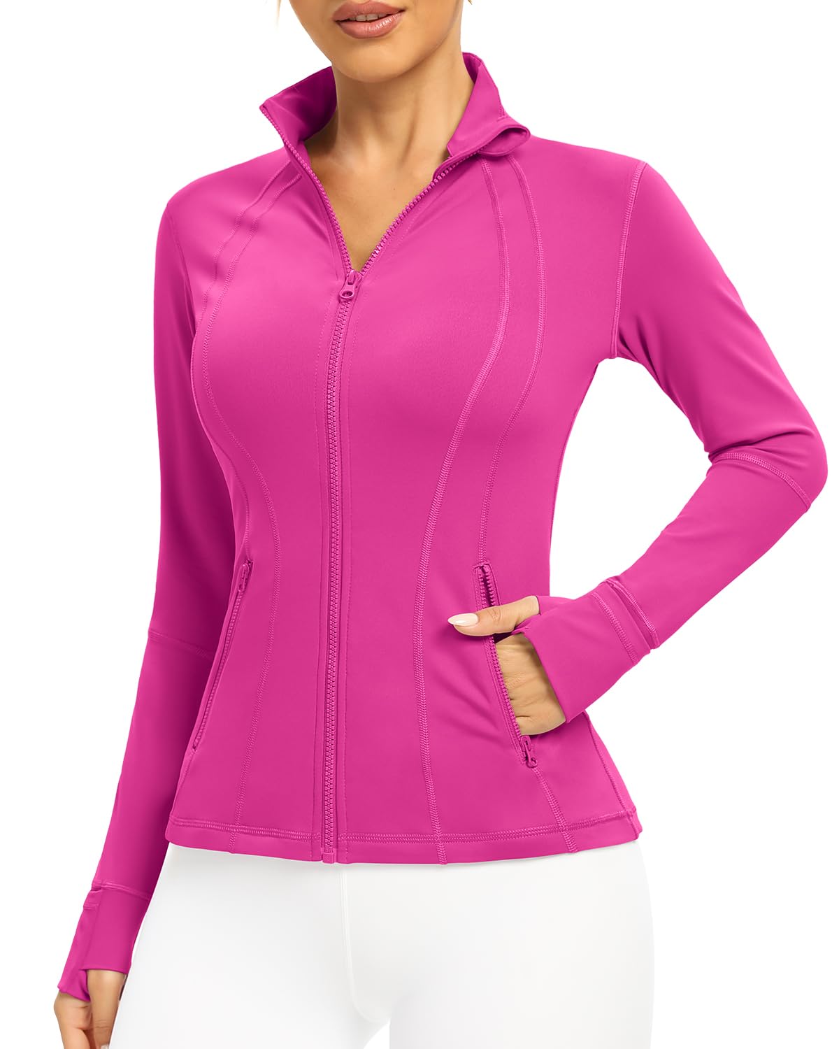 QUEENIEKE Women's Slim Fit Running Jackets - Long Sleeves Athletic Workout Gym Tops with Back Mesh Vent & Thumb Holes