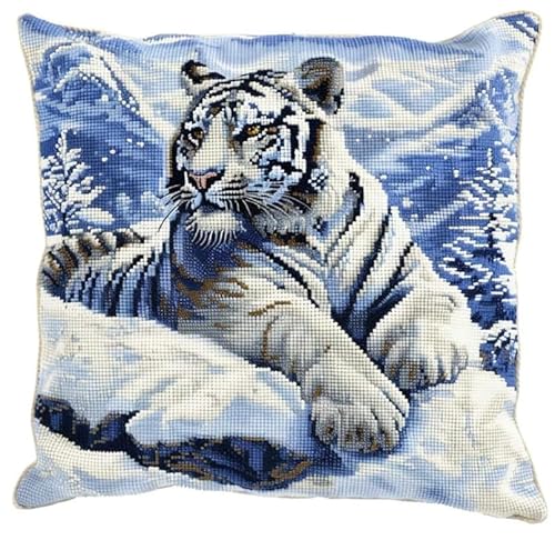 Taxpy Knüpfkissen Set, tierischer weißer Tiger Latch Hook Kissen Kit für Anfänger Erwachsene zum Selber Knüpfen, DIY Knüpfteppich Knüpfpackung, Kissen Selber Knüpfen Set, 43x43cm
