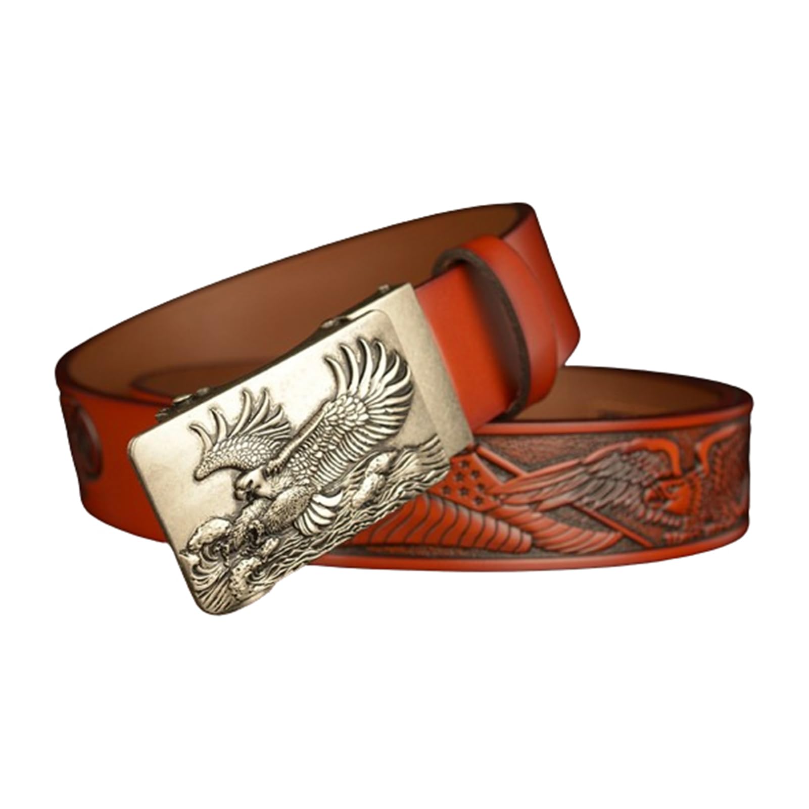 Cinturones de trinquete con hebilla de clic automática grabado Silver Eagle Sea, correa de cintura con patrón de águila deslizante microajustable