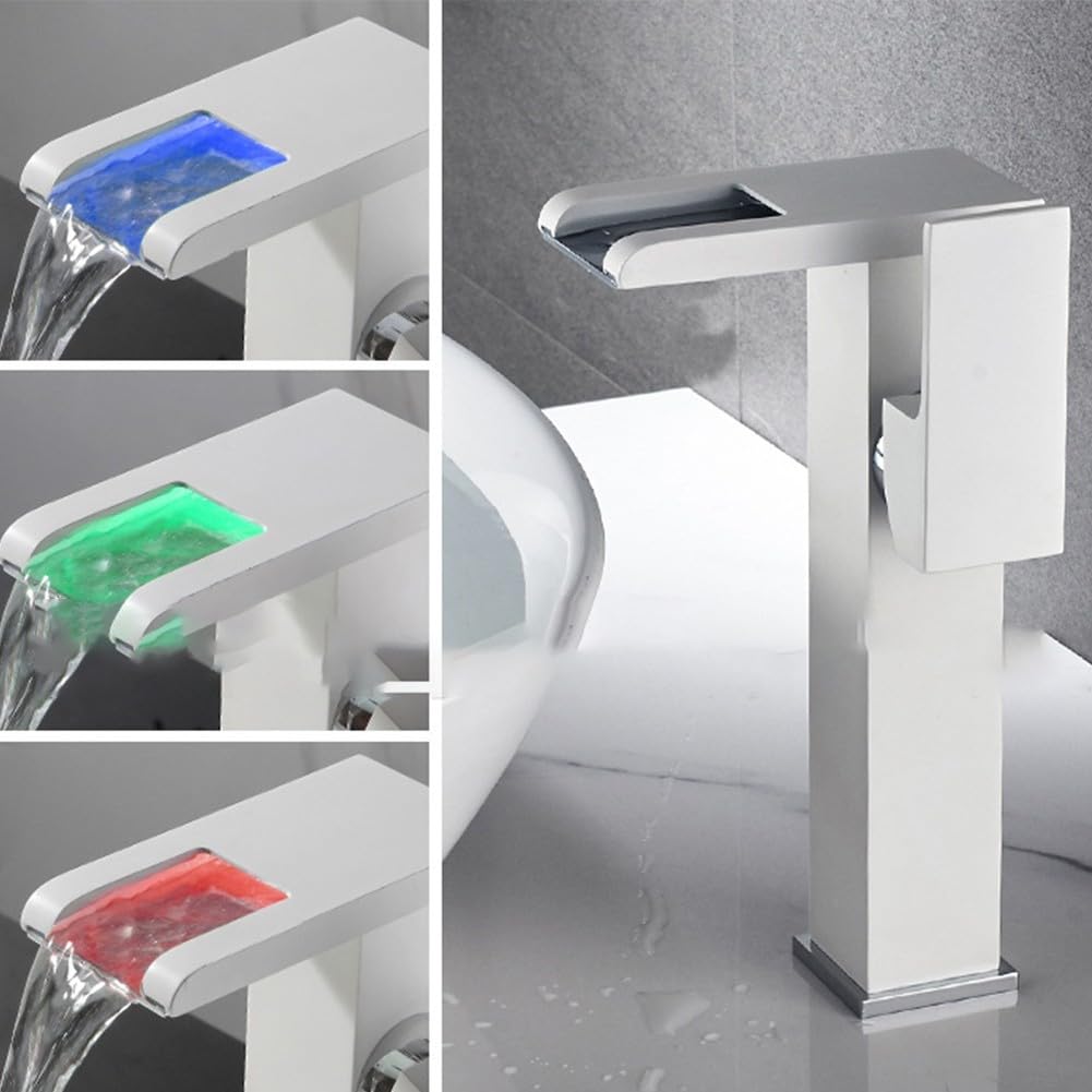 Rubinetto miscelatore a cascata con LED dorato, in ottone, per acqua fredda e calda, con montaggio a ponte e tubi di ingresso dell'acqua per lavello (bianco)