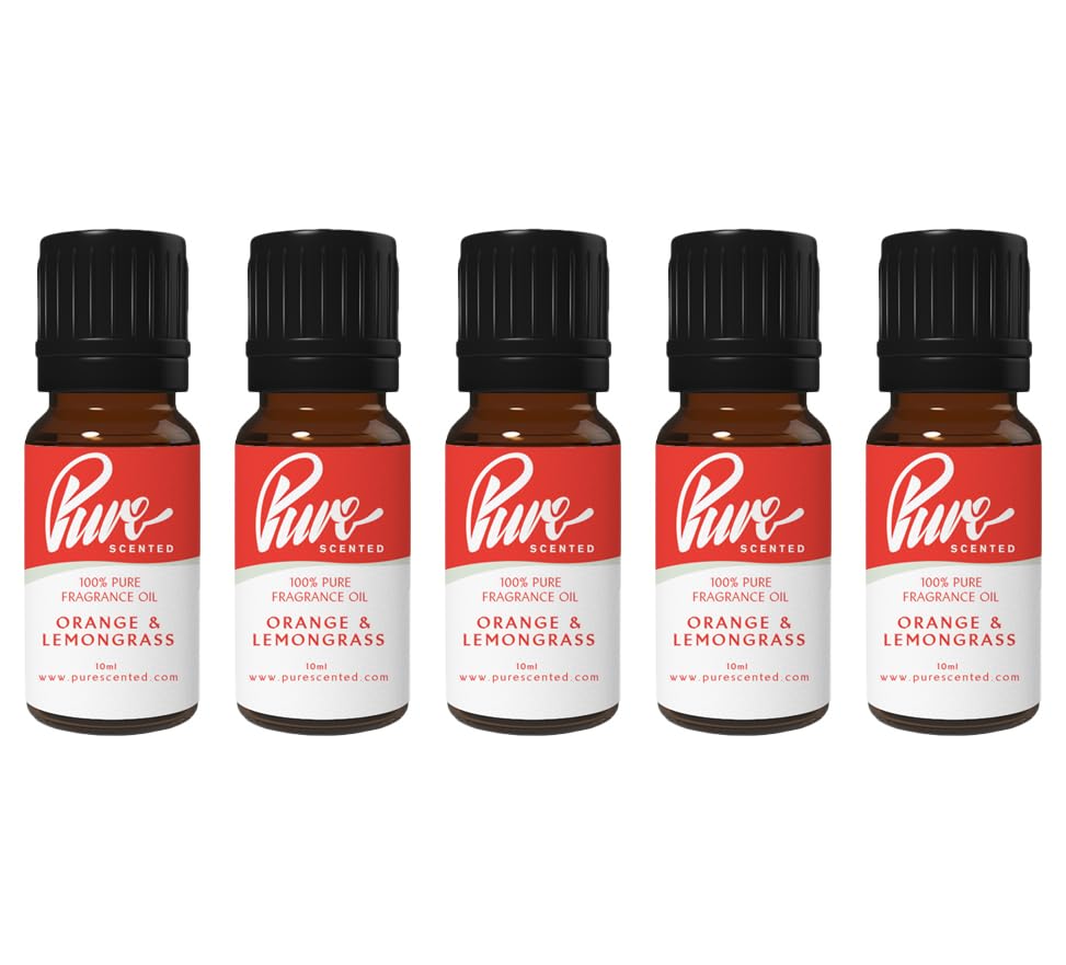Pure Scented 50ml Fragrance Oils - 5 x 10ml Suitable for Candles, Soaps, Slime, Diffusers, Cosmetics, Wax Melts, Designer (5 x 10ml, Orange & Lemongrass)