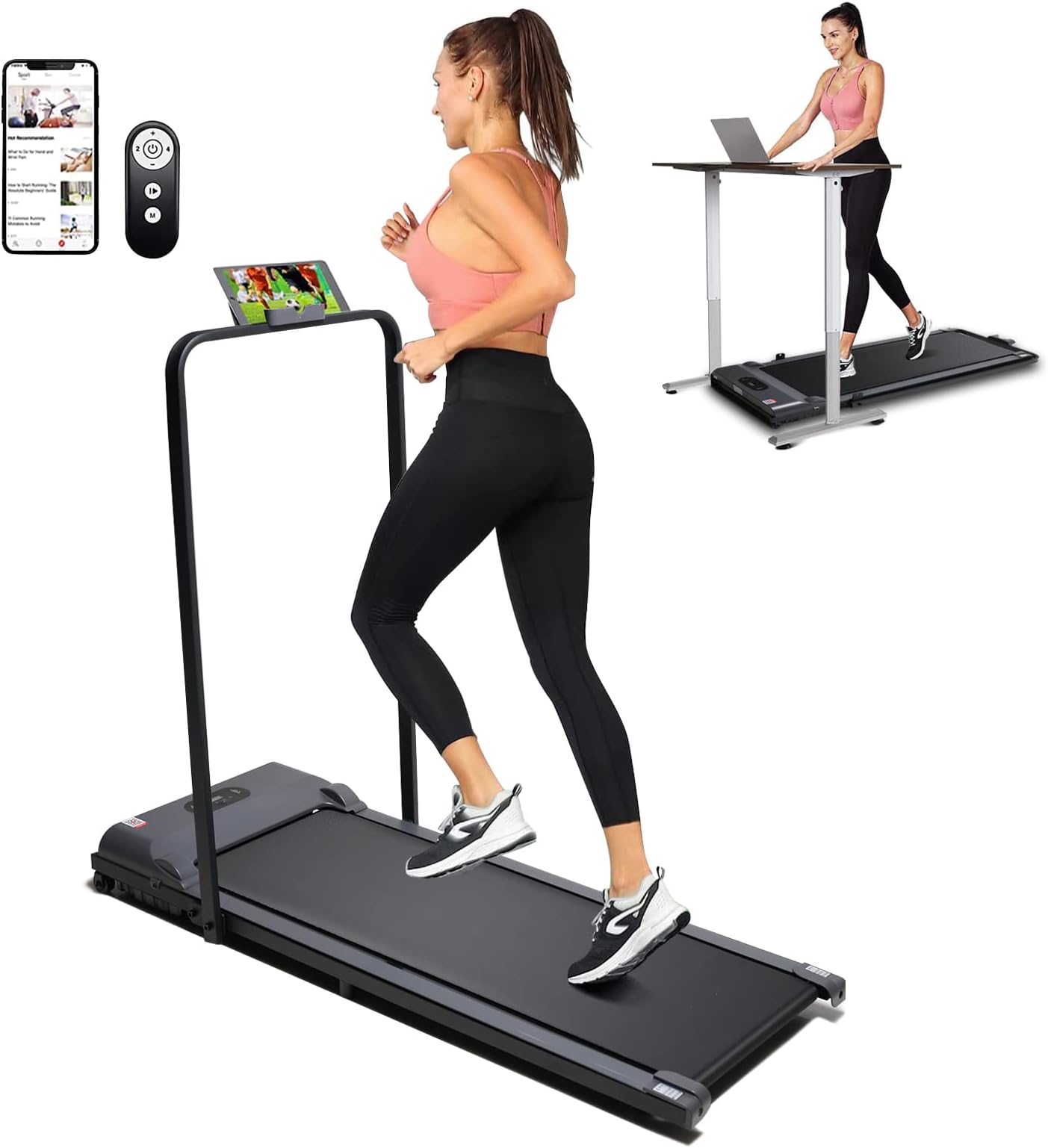 TDOO 2 in 1 Under Desk Treadmill, 2.25HP Folding Treadmill, Portable Walking Pad Installation-Free with Blue Tooth Speaker, Remote Control, APP Control and LED Display, Walking Jogging for Home Office