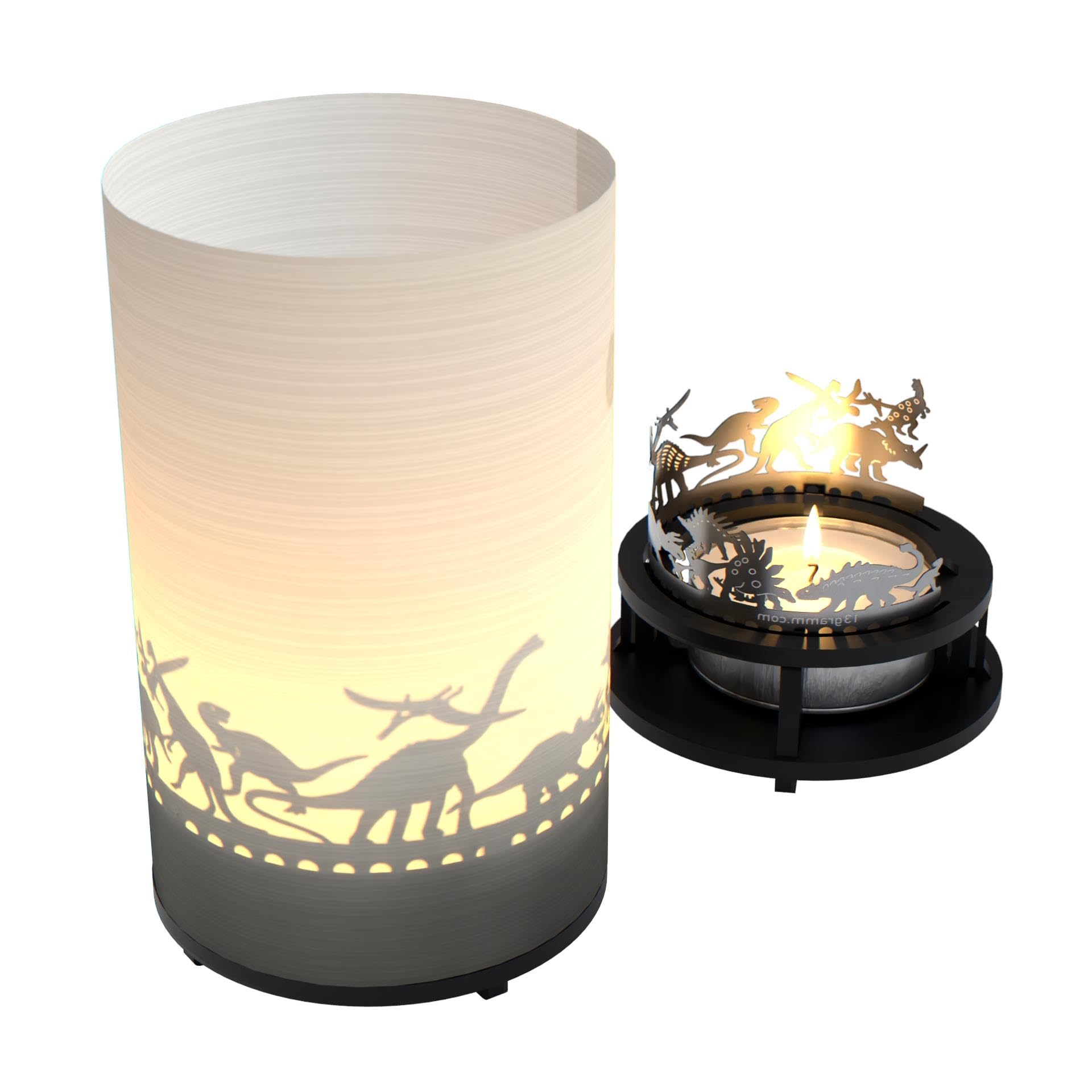 13Gramm Brown, Green, Metallic Silver Ambient Dinosaur Motif Candle | Premium Shadow Play Gift Box For Dinosaur Enthusiasts | Captivating Silhouette Projection | Perfect Decorative Gift For Kids & Adults | Unique Atmosphere Creator