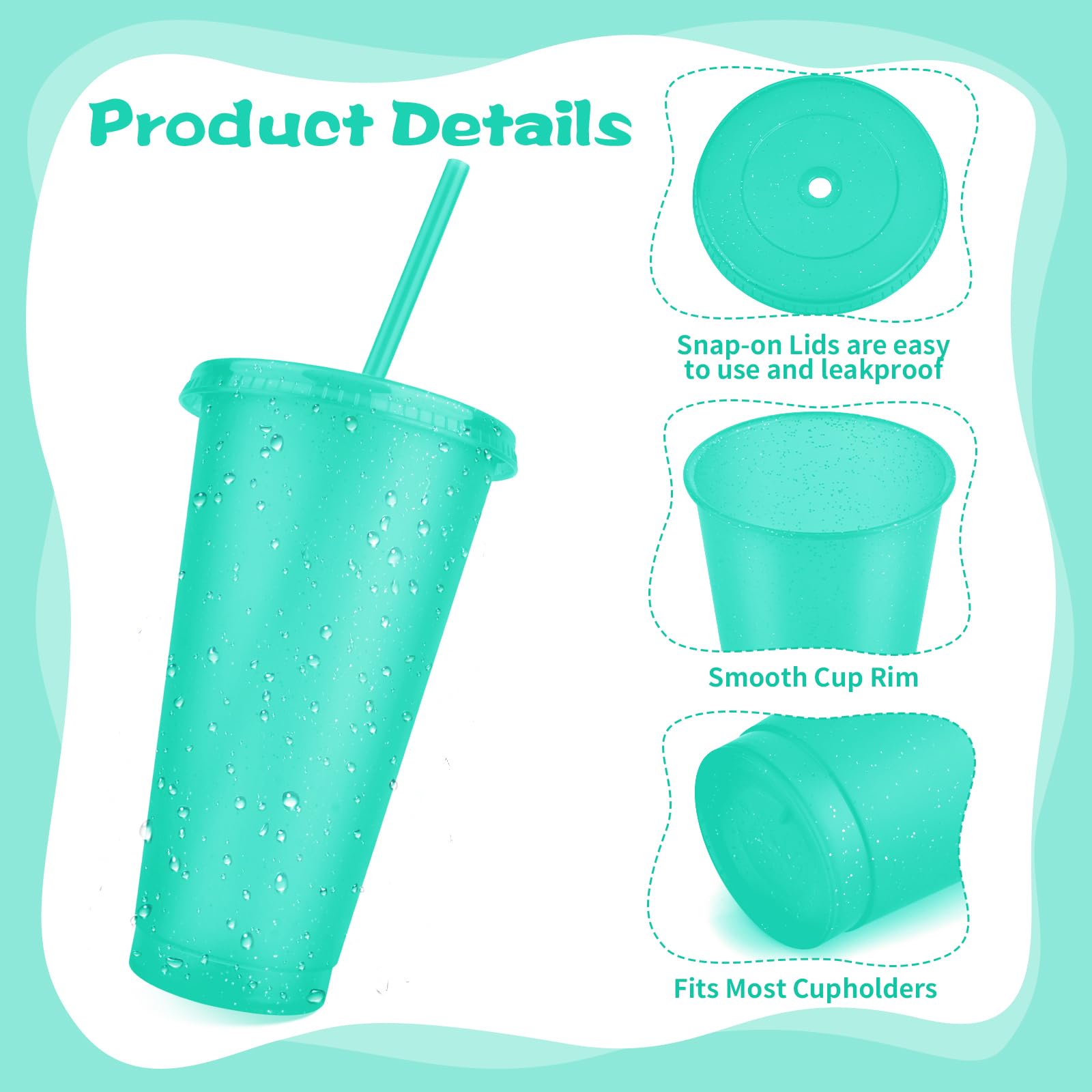 Hxezoc 16 bicchieri riutilizzabili con coperchio e cannucce, in plastica glitterata, da 680,4 g, tazze da caffè ghiacciato, tazze da viaggio per feste di compleanno, frullati, succhi di frutta, feste